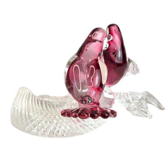 Murano Somerso Oball Art Glass Birds On Branch Clear W/red/green Interior Signed - Picture 8 of 14